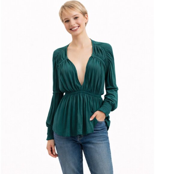 Free People Tops - Free People Teal Peplum Blouse Size M Flowy Long Sleeve BOHO